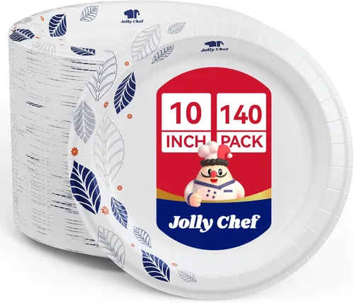 JOLLY CHEF 140 platos de papel de 10 pulgadas, a prueba de remojo, a prueba de cortes, platos de papel desechables impresos de hojas resistentes