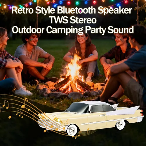 Miniatura 7 de WSTER WS-1965 Replica altavoz Bluetooth – Diseño retro de cohete coche, sonido HD, TWS, luces LED de fiesta, radio FM, reproducción USB/TF, Beige