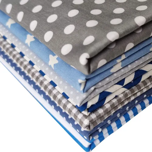 Miniatura 5 de 7 piezas de tela de acolchado de algodón, azul y gris, paquetes de parches estampados cuadrados, lunares ondulados, tela a rayas para coser