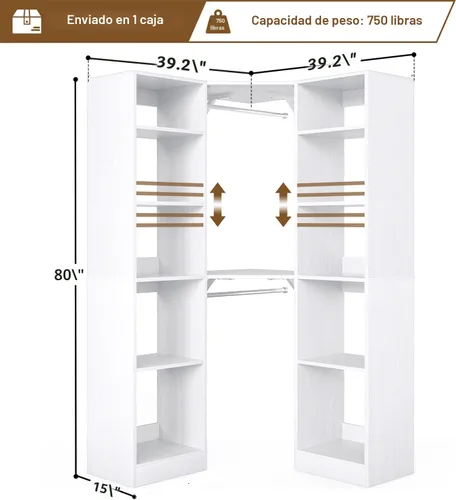 Miniatura 7 de Besiost Sistema de armario esquinero con 12 estantes, sistema organizador de armario de esquina de 39.2 pulgadas con 2 varillas para colgar, Blanco