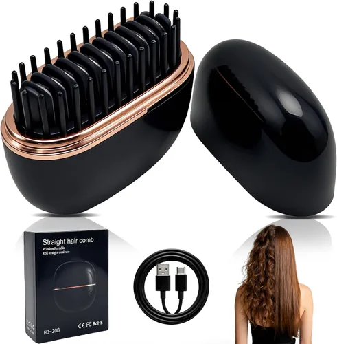 Mini alisador de pelo, mini cepillo alisador, peine alisador portátil recargable, control de temperatura de 3 velocidades, carcasa antiquemaduras,