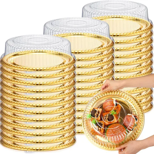 Miniatura 8 de Nitial 12 Piezas Bandejas de Servicio Resistentes con Tapa Transparente, Bandejas Redondas Elegantes Doradas para Catering Desechables Platos