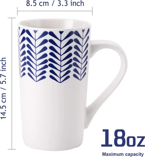 Miniatura 2 de YouPeng Juego de tazas de café grandes, tazas de cerámica con asa grande, taza de café alta para hombres o mujeres con patrón pintado a mano azul