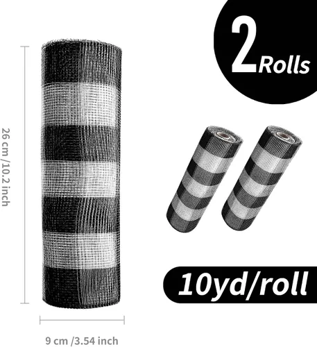 Miniatura 4 de 2 rollos de cinta de malla decorativa en blanco y negro de 10 pulgadas x 30 pies, rollos de cinta de malla de polietileno con rayas básicas