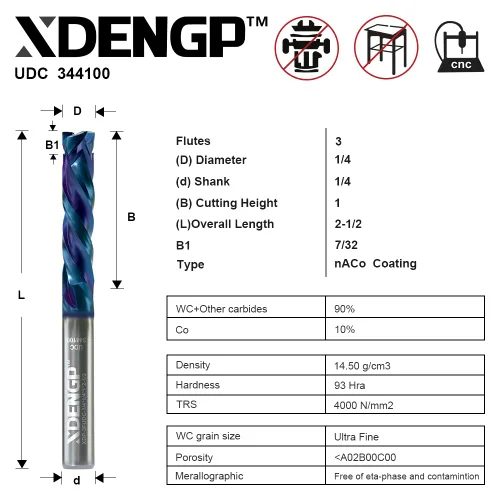Miniatura 2 de Broca de enrutador espiral de compresión con corte ascendente y descendente de 3 flautas para CNC, diámetro de corte de 1/4 pulgadas, longitud