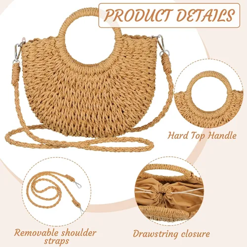 Miniatura 6 de Sweetude Bolso de mano de paja para mujer, juego de aretes de ratán, bolsa de paja de verano, playa, bolso bohemio, cartera tejida para vacaciones