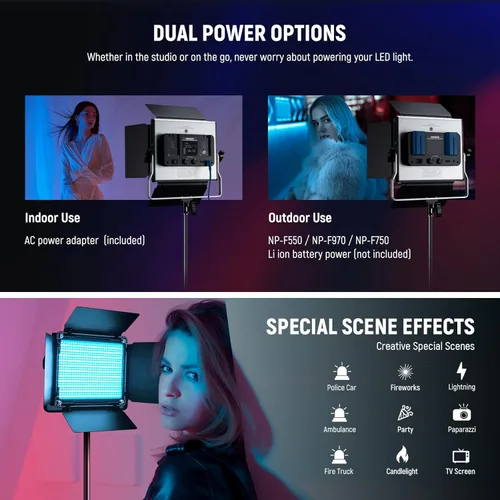 Miniatura 7 de NEEWER Luz de video LED RGB 660 PRO II mejorada con control de aplicación y kit de soporte de trípode, 2 paquetes de 50 W/1% de atenuación