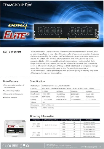 Miniatura 5 de TEAMGROUP Elite DDR4 32GB Kit (2 x 16GB) 2666MHz (PC4-21300) CL19 UDIMM 288 Pin Memoria de escritorio - TED432G2666C19DC01