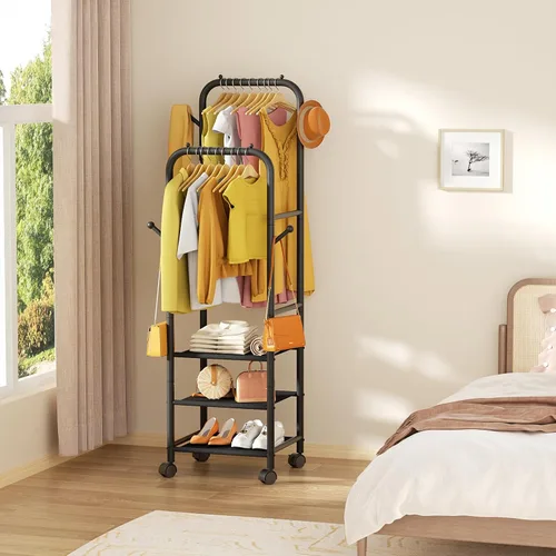 Miniatura 7 de Furologee - Percheros enrollables para colgar ropa, con dobles varillas, con ruedas, perchereros resistentes, perchero metálico portátil