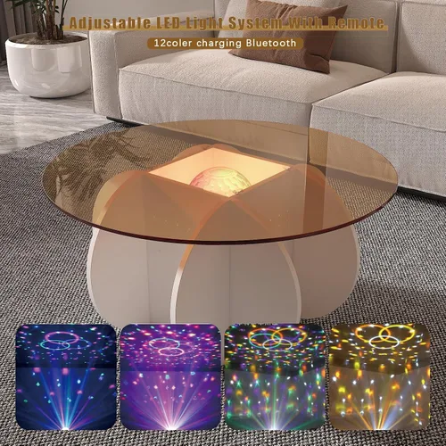Miniatura 7 de HedoAjim Mesa de centro redonda LED con parte superior de cristal, mesa central con almacenamiento para sala de estar, espacios pequeños, oficina