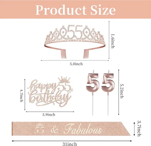 Miniatura 3 de Decoraciones de cumpleaños de 55 años para mujer, que incluyen banda, tiara, velas numéricas y adorno para pastel; regalos de cumpleaños de 55 años