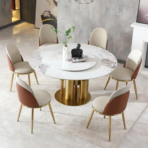 Miniatura 17 de Juego de mesa de comedor redonda de 9 piezas, moderna mesa de cocina de piedra sinterizada de 59 pulgadas con plato giratorio redondo de 31.5