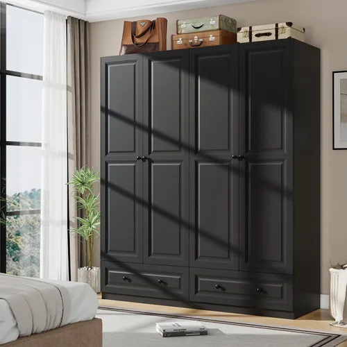Miniatura 9 de Armario Armario con cajones: Armario de madera alto negro de 74 pulgadas para colgar ropa, Armarios grandes para dormitorio con 2 cajones, armario