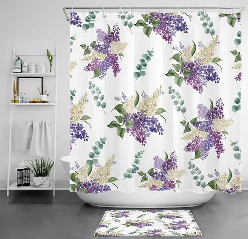 Miniatura 9 de EOBTAIN Cortina de ducha floral púrpura para baño, flores de acuarela y hojas de eucalipto verde sobre beige, cortina de ducha con 10 ganchos, juego