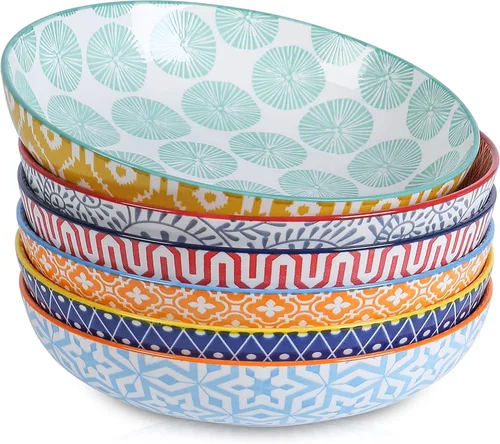 Selamica Juego de 6 cuencos de porcelana para pasta de 26 onzas, cuencos de ensalada de 8 pulgadas de ancho y poco profundos, cuencos para servir,