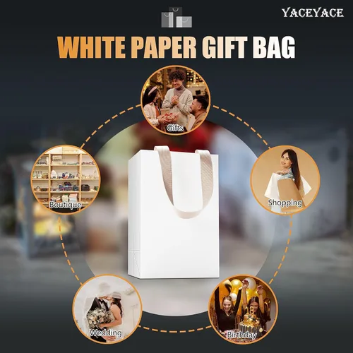 Miniatura 7 de Bolsas de regalo blancas con asas, 10 bolsas pequeñas de papel blanco de 5.25 x 3.75 x 8 pulgadas con asas de cinta, bolsa de compras de papel kraft