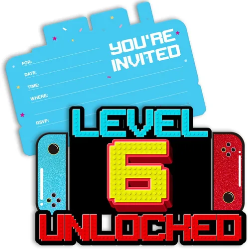 Miniatura 12 de Invitaciones de cumpleaños de videojuegos para niños de 7 años, invitaciones de cumpleaños para niños con purpurina, invitaciones de fiesta