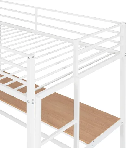 Miniatura 8 de Marco de cama de metal tipo loft de tamaño individual con escritorio y estantes de almacenamiento, marco de cama de metal con barandilla segura