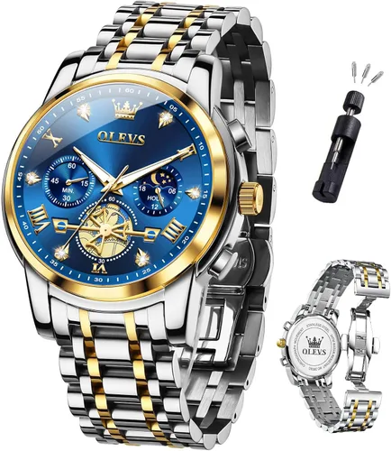 OLEVS Watch Men Luxury Fashion Watches for Men Classic Large Face Stainless Steel Waterproof Mens Watches Analog Quartz Fancy Dress Date Moon Phase