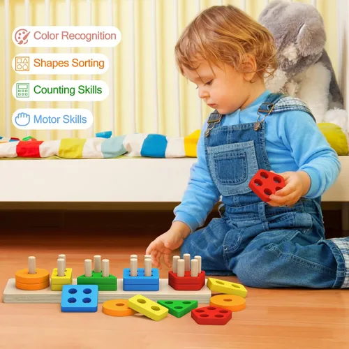 Miniatura 5 de PEBIRA Juguetes Montessori para niños y niñas de 1 a 3 años, juguetes de clasificación y apilamiento de madera para niños pequeños y preescolares