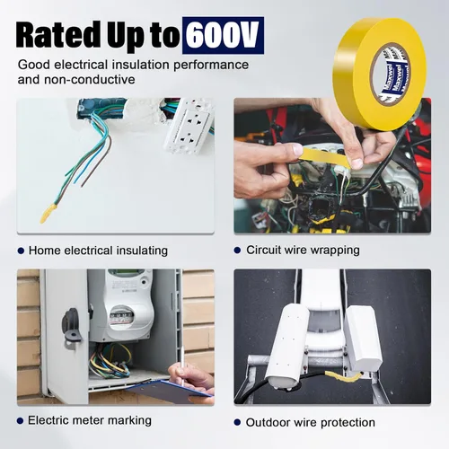 Miniatura 2 de Cinta eléctrica amarilla de vinilo – 3/4 pulgadas 60 pies, cinta eléctrica de PVC ignífuga, resistente al agua, clasificada hasta 600V, grado