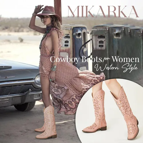 Miniatura 5 de mikarka Botas vaqueras para mujer, con tachuelas bordadas, botas vaqueras de media pantorrilla, botas occidentales de meter, punta cuadrada, tacón