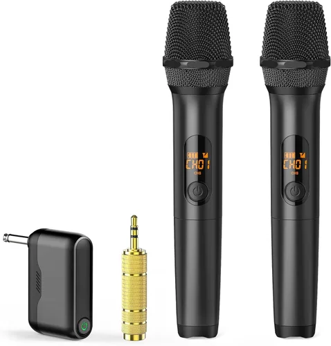 Miniatura 9 de Micrófono inalámbrico, sistema de micrófono dinámico inalámbrico de metal dual UHF de mano con receptor recargable, rango de 200 pies, para karaoke
