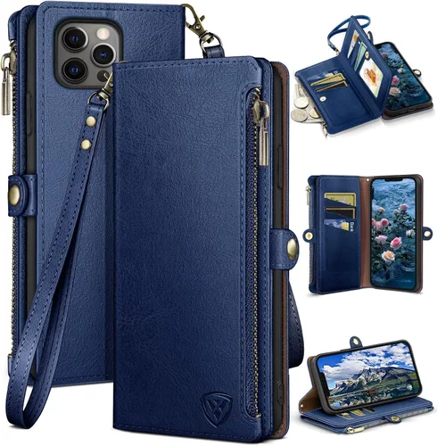 Miniatura 14 de XcaseBar Funda tipo cartera compatible con iPhone 13 Pro de 6.1 pulgadas con cremallera y tarjetero de crédito con bloqueo RFID, funda de piel