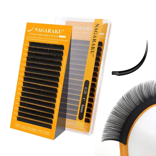 Miniatura 15 de NAGARAKU Extensiones de pestañas elipse con puntas abiertas planas, pestañas individuales de 0.006 in, rizo C, bandeja de mezcla de 0.315-0.591 in