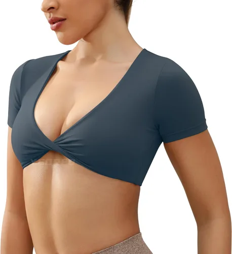 YEOREO Kyla Workout Crop Tops for Women Short Sleeve Twist Front Crop Tank Top Padded Sports Bra Casual Shirts