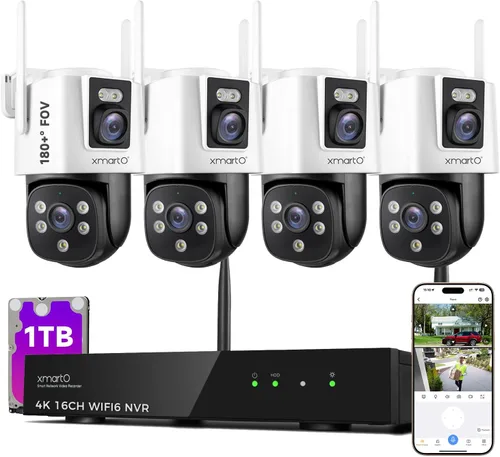 xmartO Kit de cámara inalámbrica de 4 lentes duales, sistema de seguridad de largo alcance de malla WiFi6 de 8 vistas, NVR de doble banda 4K de 16