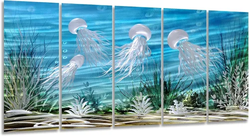 Miniatura 18 de SYGALLERIER Arte de pared abstracto de metal costero, hecho a mano, gran 3D, azul y plateado, ilustraciones modernas de olas de mar, escultura