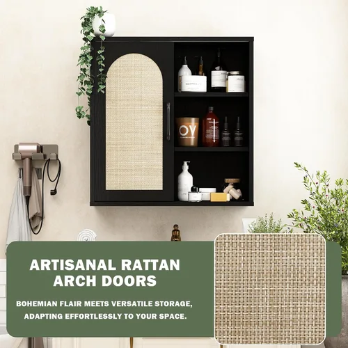 Miniatura 5 de RUSTOWN Armario de pared de ratán bohemio, gabinete de baño de mediados de siglo con puerta corredera, estantes ajustables, armario de Negro