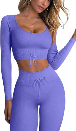 Stylishine Conjunto de 2 piezas de entrenamiento para mujer, trajes acanalados de manga larga, tops cortos de cintura alta, leggings para yoga,