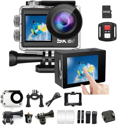REEDTOCK Cámara de acción 5K30FPS con pantalla dual, funda antivibración y resistente al agua EIS | Cámara deportiva submarina con pantalla táctil,