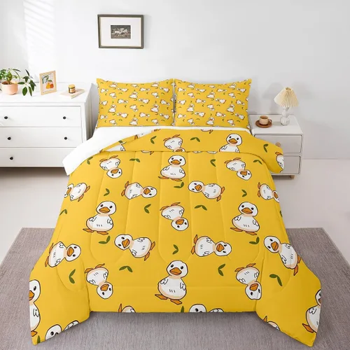 Miniatura 15 de Erosebridal Juego de ropa de cama a cuadros azul para niños, juego de cama individual con diseño de patos amarillos de dibujos animados, juego