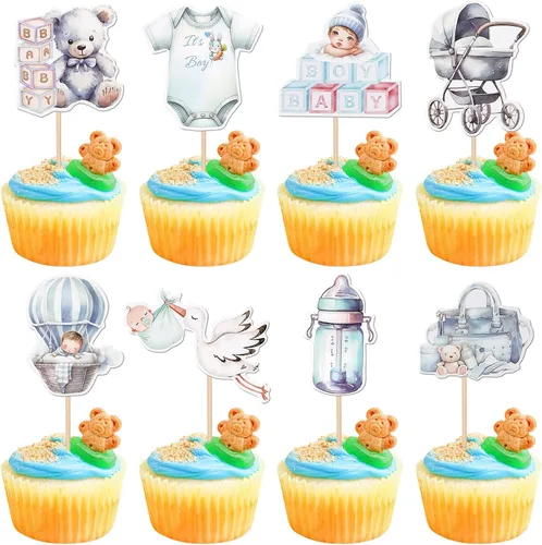 40 PIEZAS Oh Baby Cupcake Toppers Cisne Chupete Mameluco Carrito de Bebé Oso Niña Cupcake Picks Es un Niño Decoraciones de Baby Shower para Niños