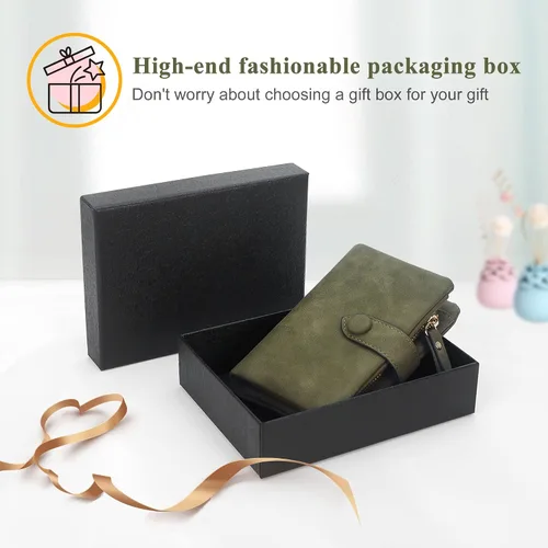 Miniatura 7 de Billeteras con bloqueo RFID para mujer, de gran capacidad, de cuero suave, cartera pequeña con correa para la muñeca, Verde oliva, Casual