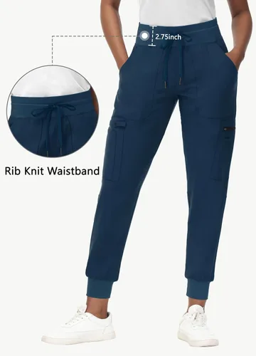 Miniatura 2 de Pantalones médicos para mujer con 8 bolsillos, de punto acanalado, cintura alta, ajustados, estilo deportivo