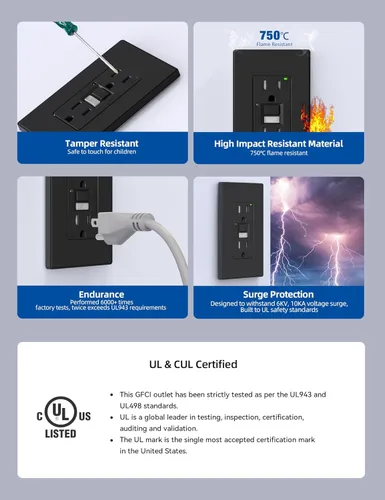 Miniatura 4 de ELEGRP Toma GFCI con luz nocturna, toma eléctrica GFI de autoprueba de 15 amperios, diseño más delgado, receptáculo GFCI resistente a manipulación