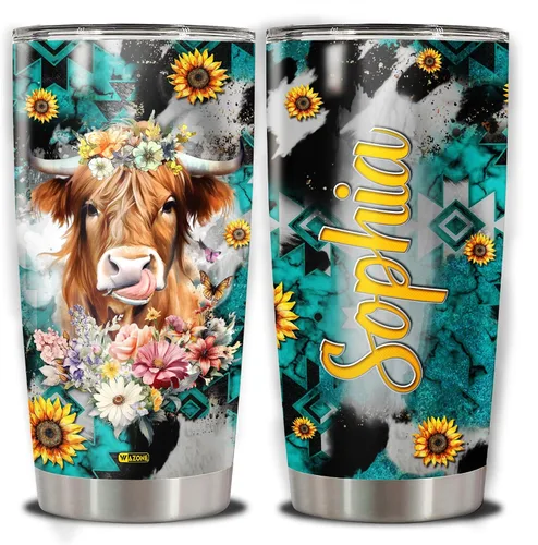 WAZONE Vaso de vaca personalizado con tapa, de piel de vaca occidental, de 20 onzas, 30 onzas, taza de viaje con nombre personalizado, taza aislada,