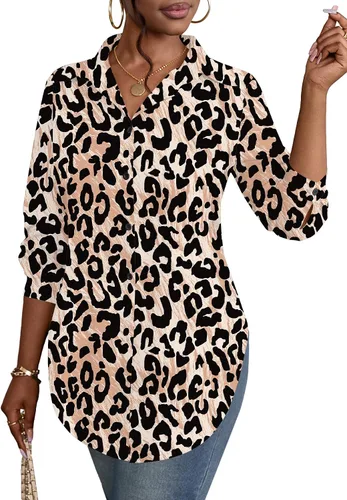 Miniatura 29 de Rooscier Blusa larga con cuello en V para mujer, manga larga, abertura lateral, con botones