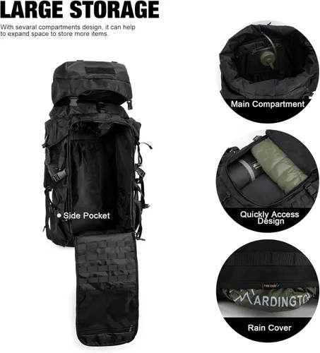 Miniatura 4 de Mardingtop 70L Mochila con armazón interno para caza, camping, senderismo; mochila con cubierta para la lluvia Negro