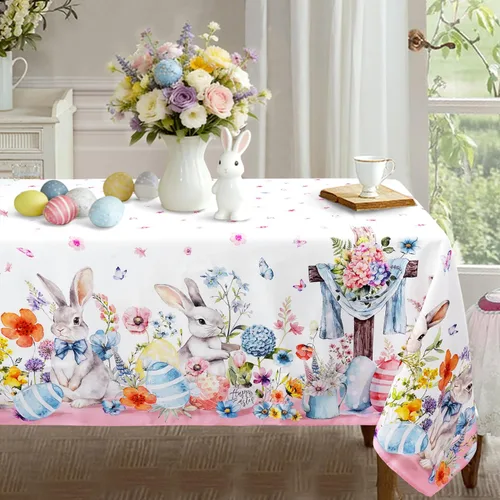 Miniatura 12 de Mantel floral impermeable, mantel de campo francés ovalado azul y amarillo, 54 x 72 pulgadas, resistente a las arrugas y lavable, perfecto