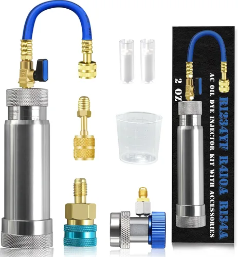 Kit de inyector de tinte de aceite de CA R134A y R1234YF y R410A con acoplador rápido R134A R1234YF Acoplador rápido Adaptador R410A 2 comprobadores