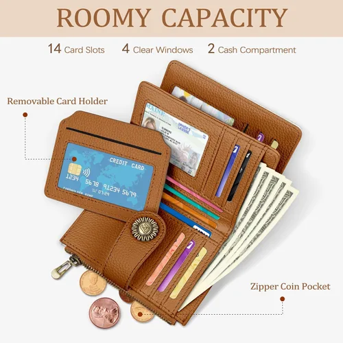 Miniatura 2 de Icycay Cartera pequeña para mujer, plegable con bloqueo RFID, soporte para tarjetas de crédito, bolsillo con cremallera para monedas, piel
