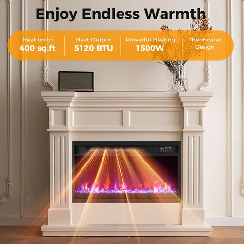 Miniatura 5 de SIMOE - Chimenea eléctrica de 23 pulgadas, chimenea empotrada de 1500 W con llama multicolor y cama de brasas de cristal, temporizador de 9 horas
