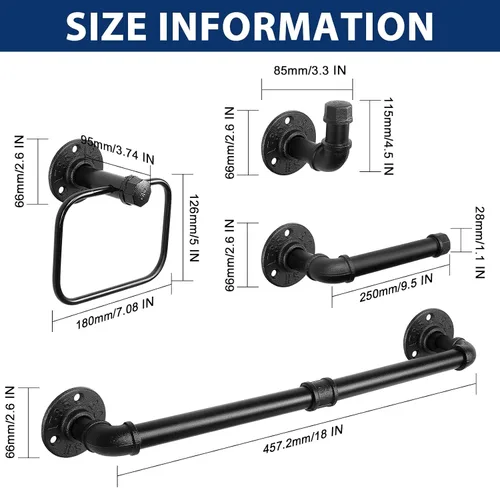 Miniatura 6 de NearMoon Juego de accesorios de baño de tubería industrial de 4 piezas, incluye barra de toalla de 18 pulgadas, anillo de toalla, soporte para papel