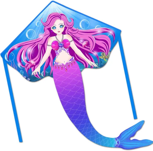 Miniatura 5 de HONBO Cometa de sirena grande para niños y adultos, cometa Delta fácil de volar, cometa para principiantes para niñas y niños, cometa