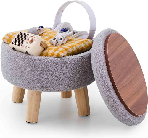 Miniatura 15 de Wimarsbon Otomana de almacenamiento, moderno reposapiés redondo con asiento acolchado suave, reposapiés de terciopelo teddy con patas de madera